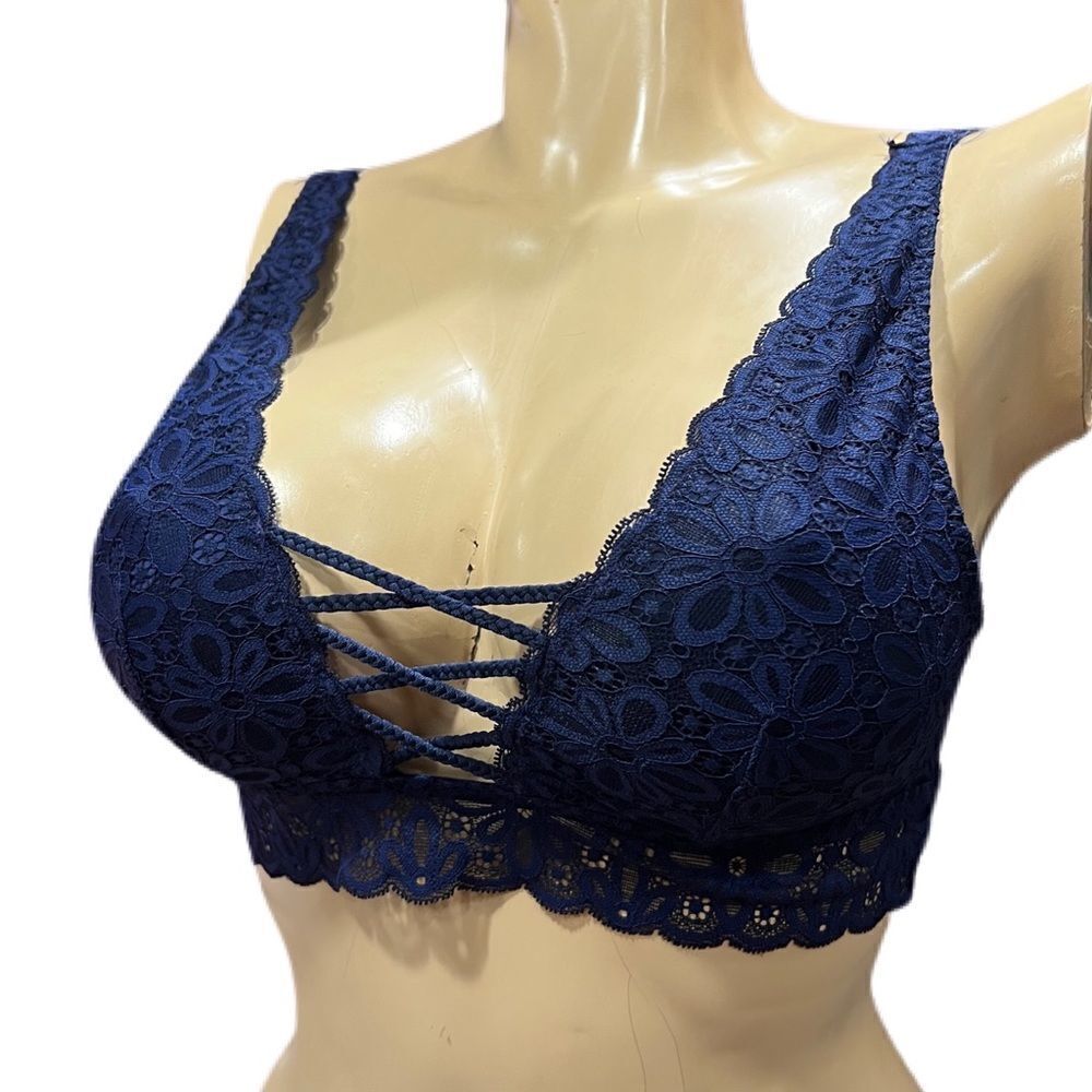 Victorias Secret Sexy lace up Strappy Front Daisy lace bralette bra navy Medium - Picture 2 of 4